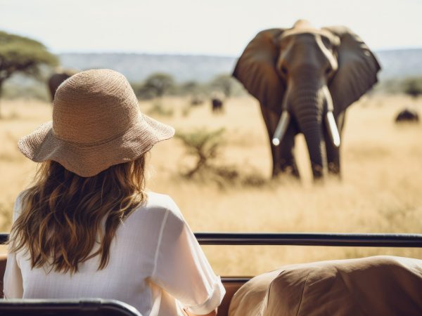 Eco travel and responsible tourism. Woman tourist on a safari in Africa, traveling by car with an open roof. AI Generated