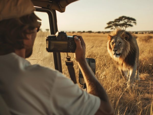 photographer taking photos of a lion on safari in Africa