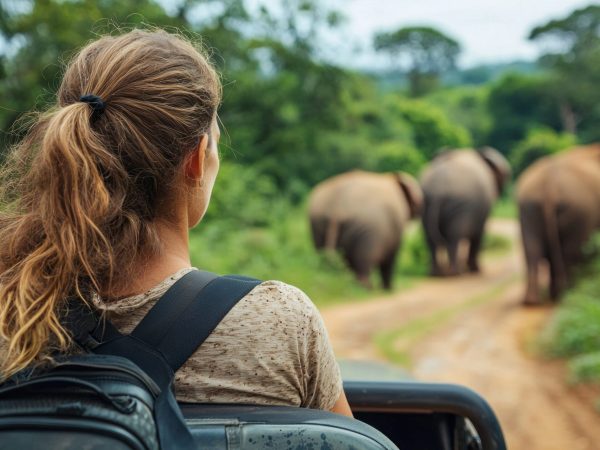 A tourist woman sits in an off-road vehicle, captivated by the sight of elephants walking along a lush dirt path in a vibrant jungle. The tranquil scene embodies the beauty of nature's wonders.